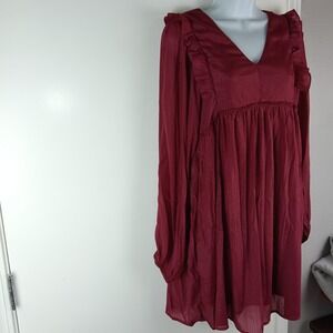Andree By Unit Dress Womens Medium Burgundy Long Sleeve Ruffle Mini Boho Lined